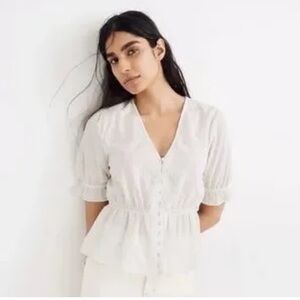 Madewell White V-Neck Linen Blend Peplum Popover Top Size 14 Large Cottage Boho